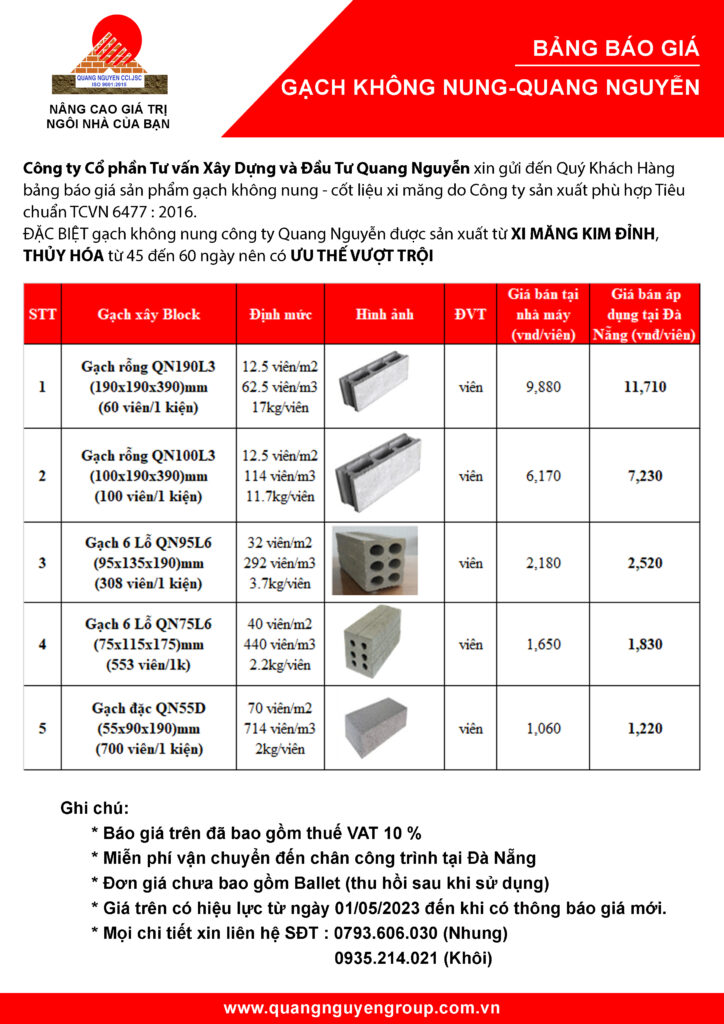 bảng báo giá gạch không nung